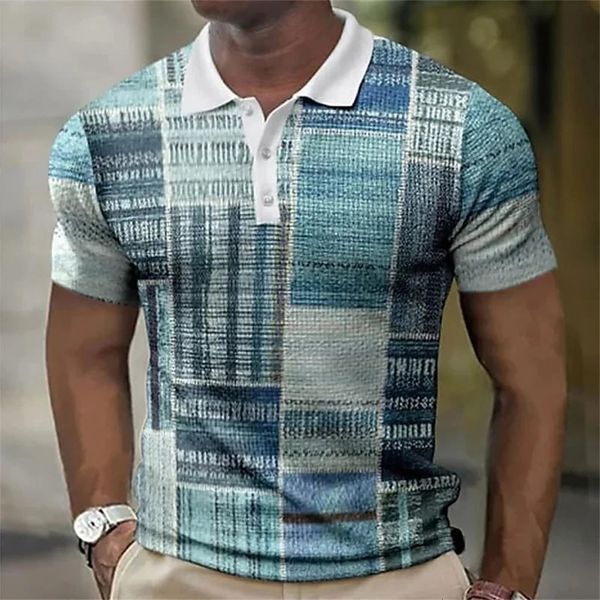 Camisa polo masculina bloco de cores xadrez impressão topos moda design roupas oversized manga curta camiseta verão respirável roupas 240328