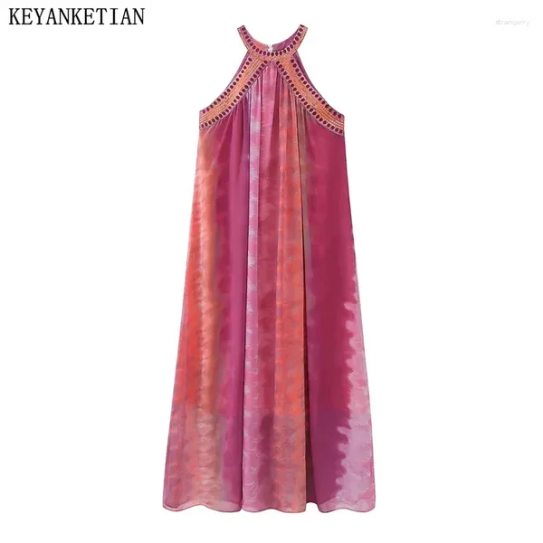 Abiti casual KEYANKETIAN Abito estivo da donna in tie-dye Vacanza con paillettes Ricamo Decorazione Senza maniche Caviglia A-Line Gonna MIDI Allentata