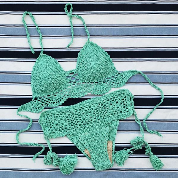 Handgefertigtes gehäkeltes Push-up-Bikini-Set, sexy Damen-Bademode, bauchfreies Top, Strand-Badeanzug 240321