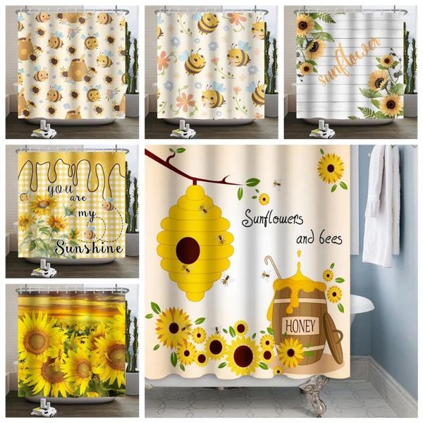 Duschvorhänge, süßer Honig, niedliche Biene, Sonnenblumen-Vorhang, wasserdichtes Polyester-Material, für Zuhause, Badewanne, Trennwand, Dekor