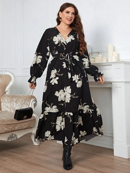 Plus size verão vestido feminino envolto v pescoço swing vestidos cinto floral pring robe plissado hem mangas compridas feminino vestido de verão 240325