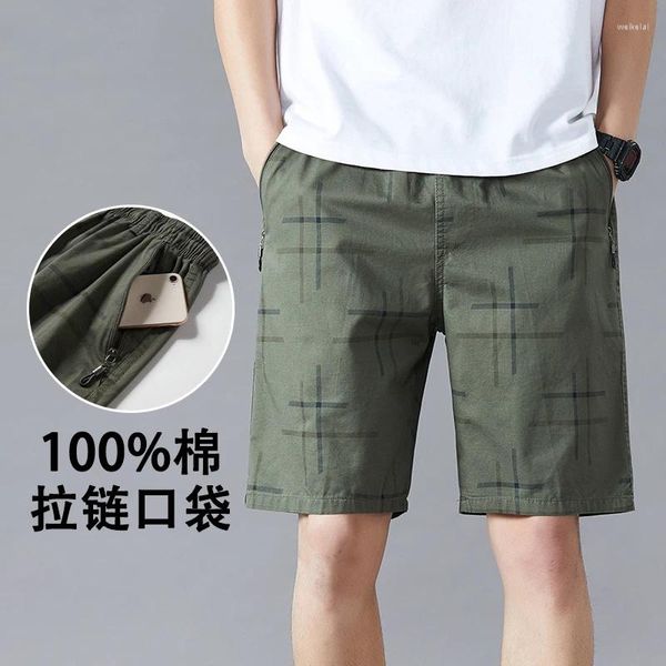 Shorts masculinos moda verão bolsos com zíper listrado algodão diário casual all-match solto fino reto calças largas