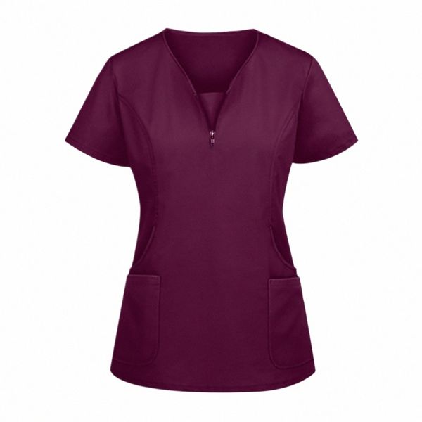 Colore solido delle donne Infermiera Uniforme Casual con scollo a V Tops Costume da lavoro Donna Manica corta Cura degli operatori Costume Uniformi infermieristiche d08E #