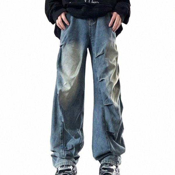 2023 Cyber Y2K Fi Wed Синие плиссированные мешковатые джинсы Мужская дизайнерская одежда Прямые широкие джинсовые брюки Ropa Hombre V6zr #