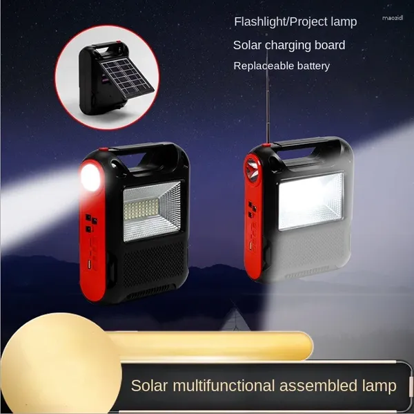 El feneri meşale güneş enerjisi sistemi aydınlatma kamp ışık fm radyo bluetooth ses 18650 pilx3 LED Pil USB şarj edilebilir
