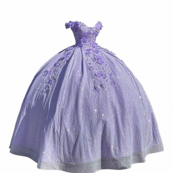 Bling Sequin Sweet 16 Quinceanera Dres 3D Aplike Boncuklar Korse Dr Vestidos de 15 Anos Masquerade XV Dr Lavender P7UC#