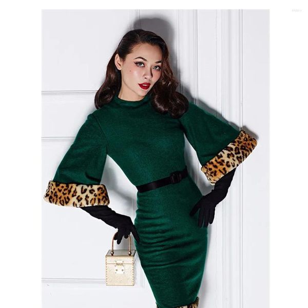 Abiti casual Inverno Donna Vintage anni '50 Abito a tubino con maniche svasate in verde con leopardo Wiggle Jurken in lana Plus Size Abiti eleganti Pinup