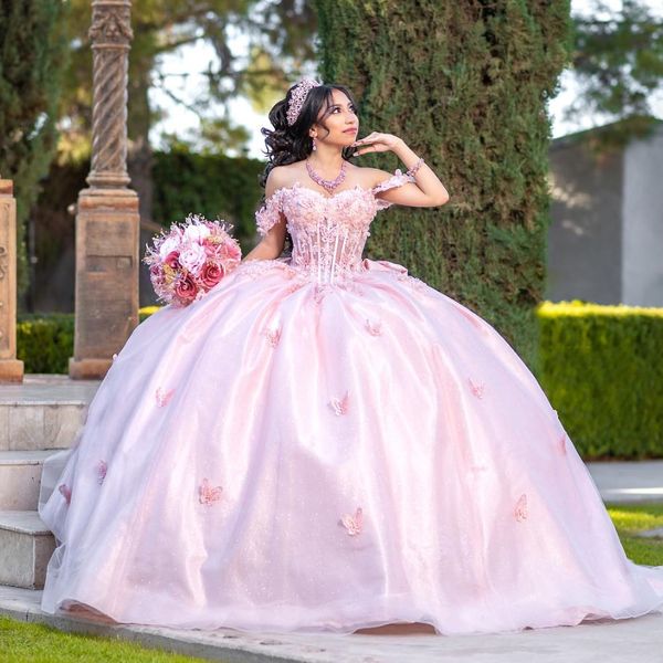 Розовое блестящее платье Quinceanera, расшитое блестками, бальное платье с рюшами, блестящее, милое, с бантом, для 16 лет, платья принцессы для 15 лет, Vestidos