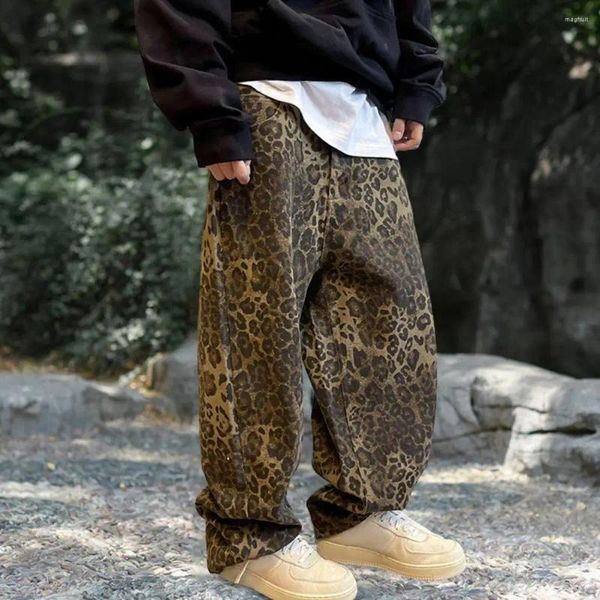 Pantaloni da uomo Pantaloni alla moda hip-hop Stampa leopardata Hip hop con cavallo profondo Tessuto morbido e traspirante a vita media per un comfort elevato