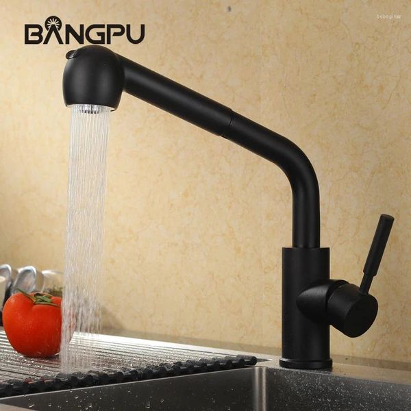 Torneiras de pia do banheiro BANGPU Kitchen Pull Out Torneira Preta 1 Buraco Single Handle Tap Deck Montado