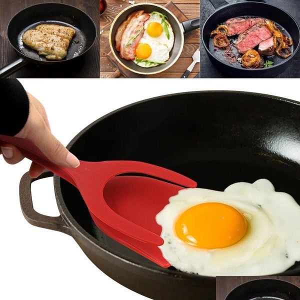 Ferramentas de ovo 2-em-1 Omelete Spata Cozinha Sile para Torradas Panqueca Acessórios Cozinhando Gadgets Pinças de Aperto Drop Delivery Home Garden Otqo9