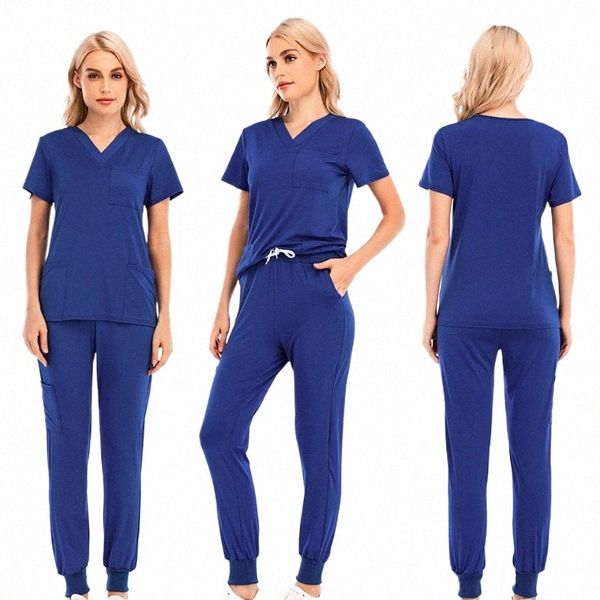 XS-2XL 6 colori scollo a V manica corta tasca infermieristica top da lavoro pantaloni uniforme solido leggero traspirante morbido abito da donna M1qe #