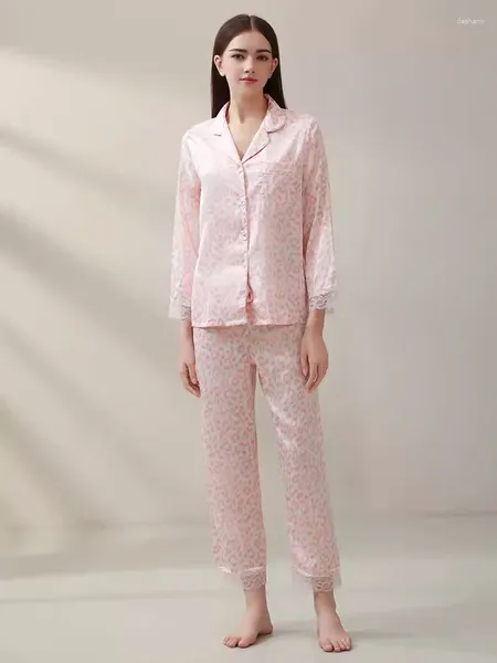 Casa roupas personalizáveis preço de fábrica rosa leopardo duas peças conjunto de pijama de seda luxo feminino pijamas