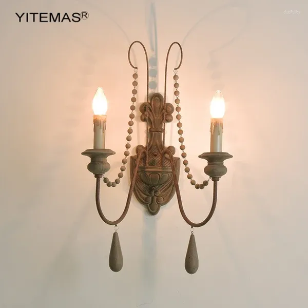 Lampade da parete Lampada vintage in legno Retro bianca 2 luci Lampade da comodino Corridoio Balcone Scale Sconce Metallo rustico