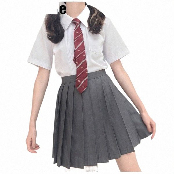 giapponese lg manica della ragazza a vita alta grigio gonna a pieghe set donne JK scuola uniforme studenti panni abiti LOLITA h7b8 #