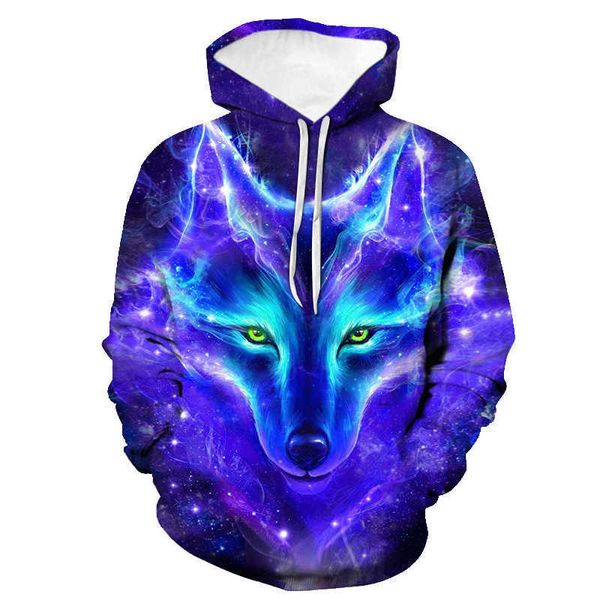 Primavera e outono novo 3d digital impresso hoodie solto casual animal lobo padrão masculino casaco de manga comprida