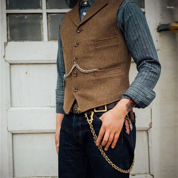 Gilet da uomo Gilet da abito vintage Gilet da uomo in tweed di lana marrone da sposa Giacca casual slim fit per uomo Groosmen