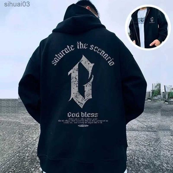 Moletons masculinos Moletons Deus Abençoe Carta Y2k Mens Zipper Hoodie Goth Fleece Extra Grande Suéter Outono Retro Street Roupas Hip Hop Moda HoodieL2403