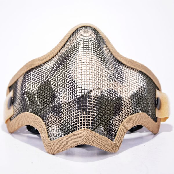 Máscara de caveira com cinto duplo masculino, rede de proteção bucal camuflada ao ar livre, máscara facial de malha de arame de aço, máscara facial protetora