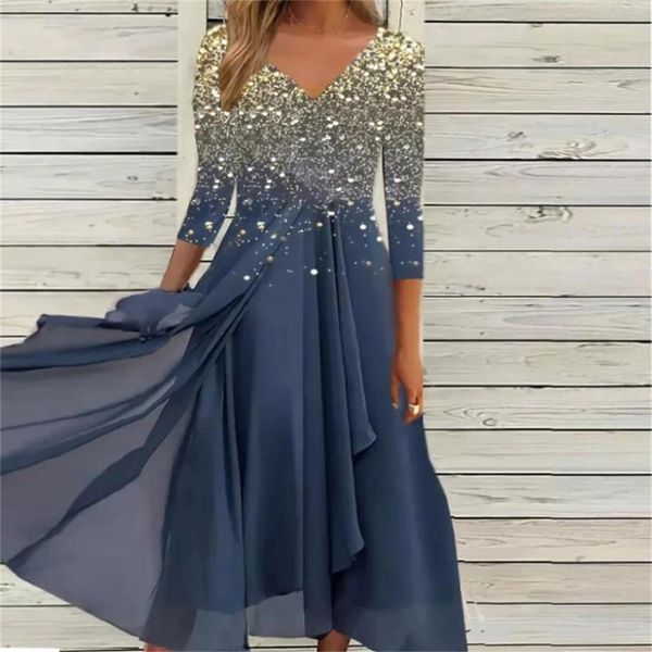 Abiti casual Abito da festa elegante Donna Scollo a V Manica lunga Prom Ladies Boho A-Line Chiffon Flowy Swing Vestito estivo Abiti Robe