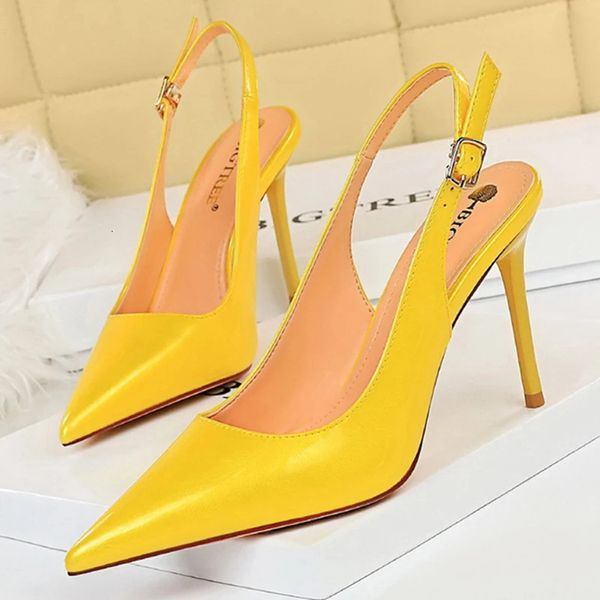 Kadınlar 95cm yüksek topuklu gümüş sandaletler bayan parlak deri sarı pembe slingback sandle stiletto düğün gelin katır ayakkabıları 240329