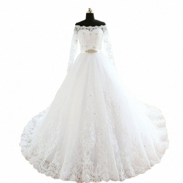 Платье De Novia Empire Wedding Dres Chapel Train LG с рукавами с открытыми плечами на заказ Дешевые невесты Dr Lg Свадебное платье B6cA #
