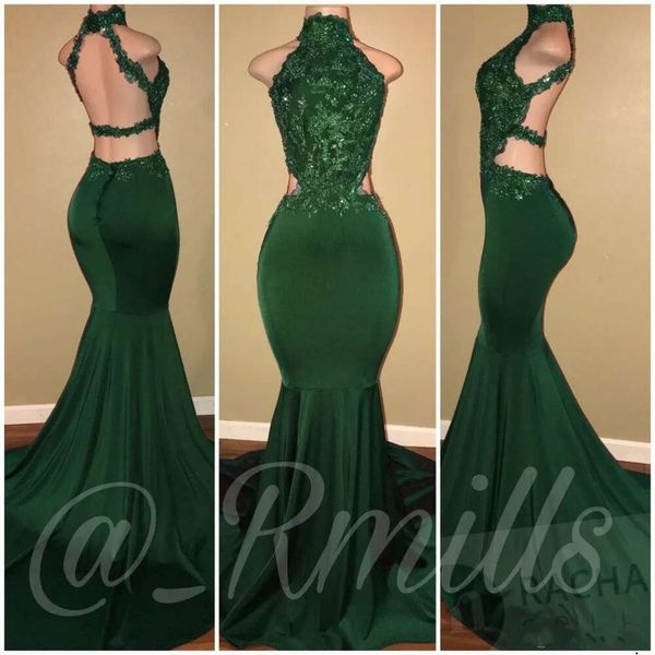 Lange Hunter Green Prom Sexy Meerjungfrau High Neckline Rückenfreie Abendkleider Tragen Sie formelle bodenlange Partykleider BA