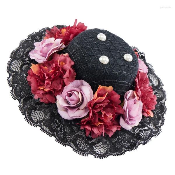 Articoli per feste Lolita Mini cappello a cilindro floreale con perline Fiore gotico Cappelli piccoli Cosplay Pograph Copricapo fascinatore