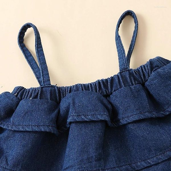 Kleidungssets für Kinder, Mädchen, Sommer-Outfits, einfarbig, Rüschen, Denim-Unterhemd, Tanktop, elastische Taille, Jeans, weites Bein, Hose, 2-teiliges Kleidungsset