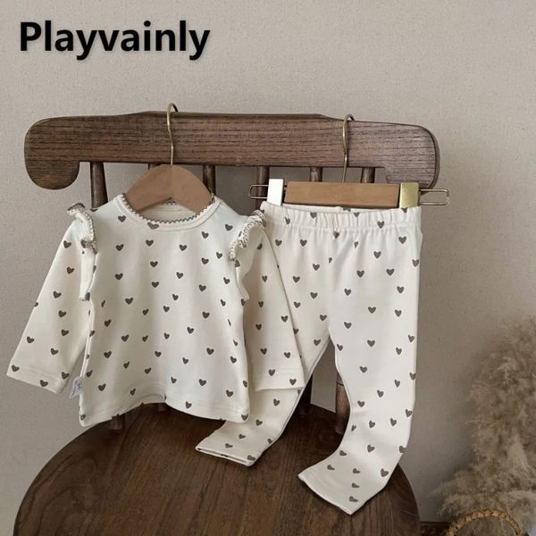 Bahar Sonbahar Kız Bebek Pijamalar Bej Aşk Kalp Baskı Kazak Topelastik Bel Pantolon Doğum Ev Giyim Nightgown E41531 240325