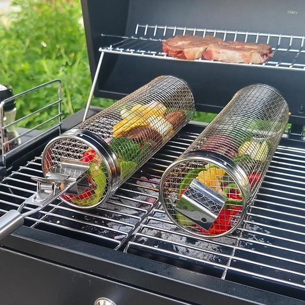 Strumenti di cestini per grigi per rotolamento per esterno - cesto grill rotondo in acciaio inossidabile con accessori di blocco