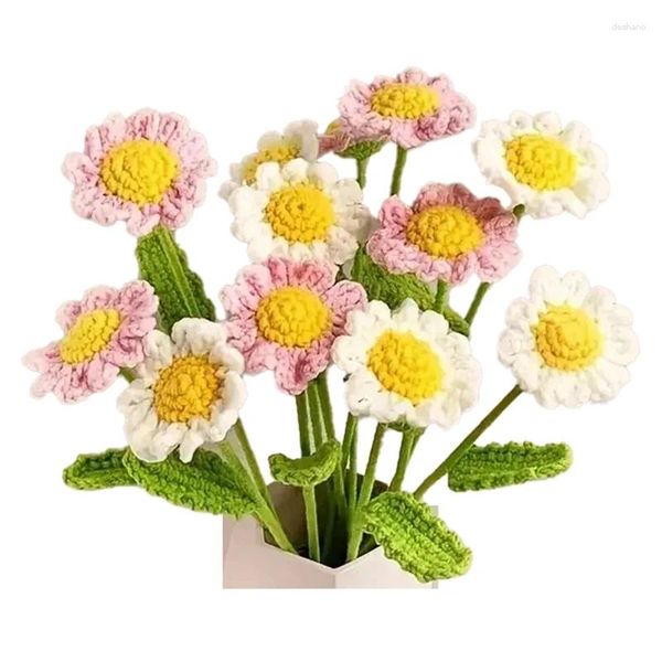 Flores decorativas 12pcs artesanal margarida crochê fio gancho flor buquê de malha presente de aniversário casa decorações festa decoração de casamento fácil de