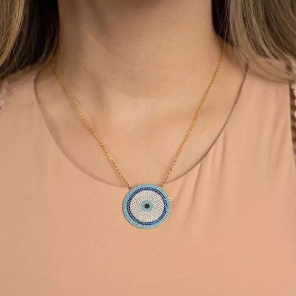 Halsketten hochwertige Mode türkisch böse Augen glückliche Anhänger Neckalce Micro Pave Blue White cz rund geformter Schmuck für Frauen