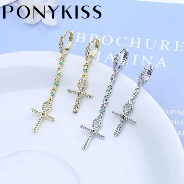 Creolen PONYKISS Trendy 925 Sterling Silber Asymmetrie Kreuz Zirkon 14K Gold Schnalle Für Frauen HipHop Edlen Schmuck Drop