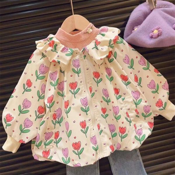 Куртки, детская весенне-осенняя одежда, модное детское модное пальто с цветочным принтом и застежкой-молнией на шею для девочек 18 месяцев-8 лет, милое пальто для девочек