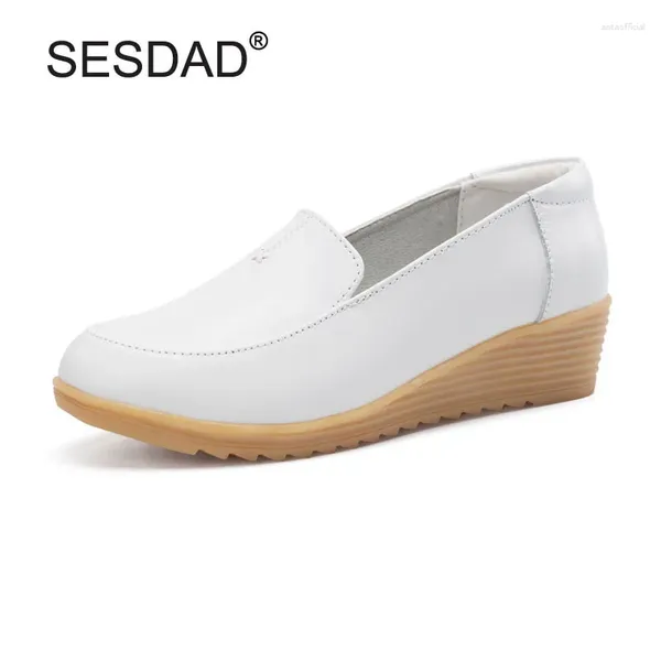 Scarpe eleganti in vera pelle bianche comode tacchi alti da donna con zeppa bassa da lavoro zeppe slip-on casual da donna