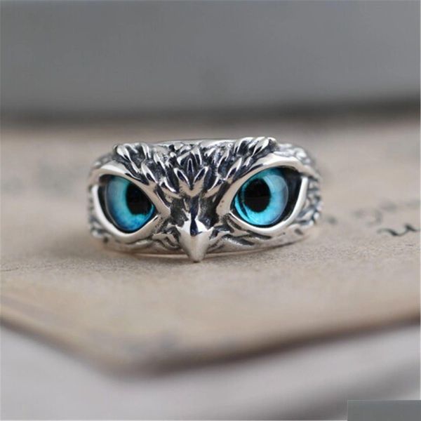 Con pietre laterali Retro Blue Eye Owl Anelli Sier regolabili Uomini e donne carini Design semplice Anello animale Gioielli Goccia all'ingrosso Consegna Dhlpg