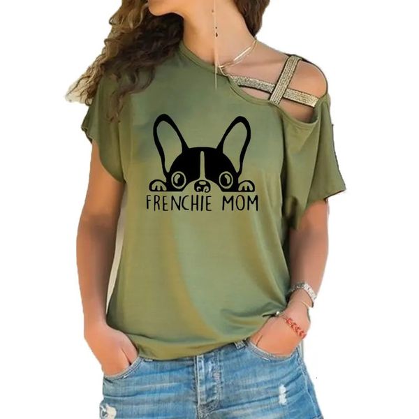 Verão Frenchie Mom Moda French Bulldog Imprimir Camiseta Mulheres Manga Curta Camiseta Irregular Skew Cross Bandage Tee Tops 240329