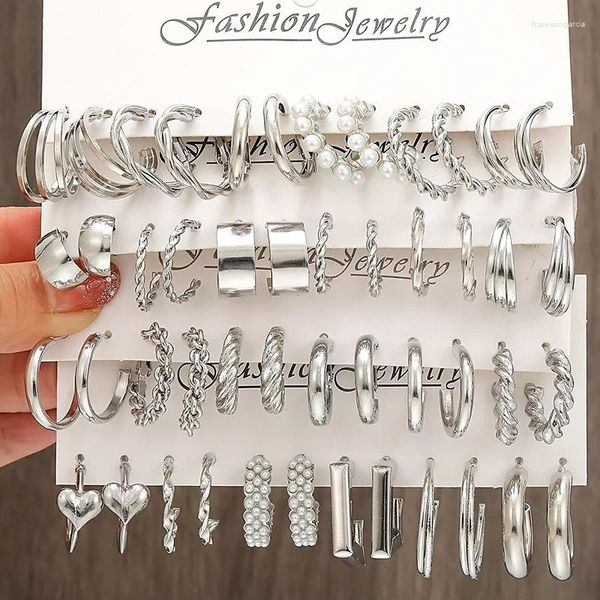 Çember küpeler gümüş renk bükülme seti brincos kalp inci çemberleri vintage metal geometrik kadınlar için 2024 moda jewerly