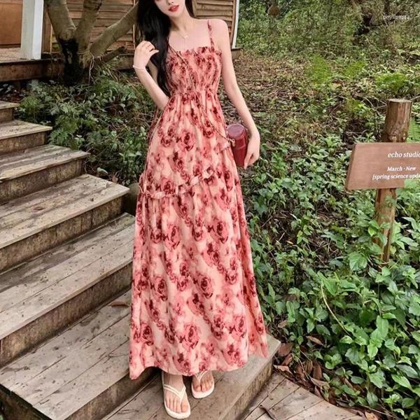 Casual Kleider Französisch Rose Print Spitze Kleid Für Frauen Sommer Herbst Design Sinn Hohe Taille Gewickelt Chic Strap Lange Großhandel