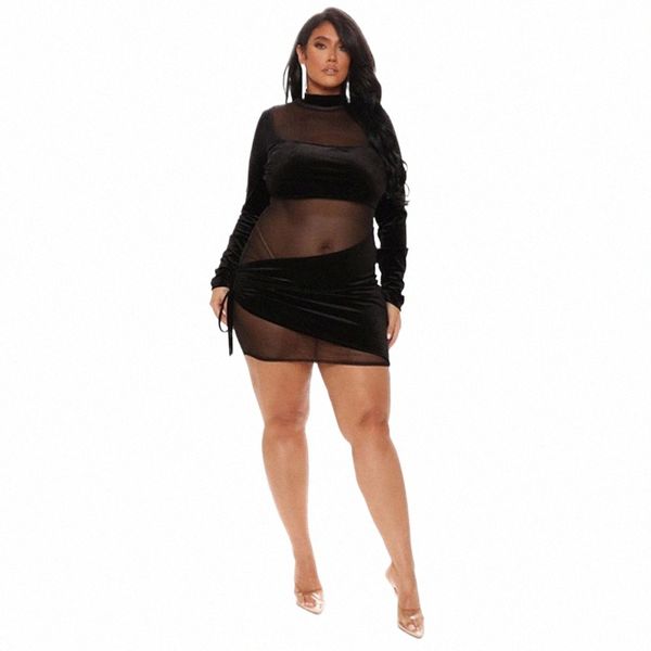wmstar Plus Size Dres per le donne Mesh Black Sexy Patchwork Lg Sleeve Mini Dr Vendita calda Club outfit Dropship all'ingrosso 83Mf #