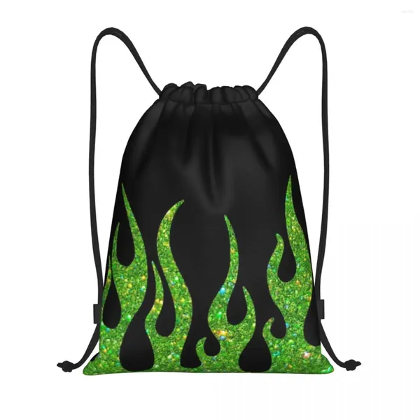 Sacos de compras Personalizado Verde Glitter Chamas Cordão para Treinamento Yoga Mochilas Homens Mulheres Vintage Fogo Estético Esportes Ginásio Sackpack