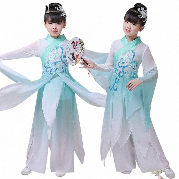 Desempenho de Dança Clássica das crianças Dr Girl Guzheng Traje de Dança Crianças Fan Dancewear Antigo Folk Elegante Terno de Dança H0Yf #