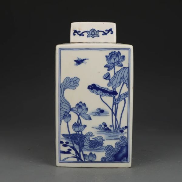 Vasi Kangxi Fiori e uccelli blu e bianchi Vaso quadrato Ornamenti da collezione in ceramica antica