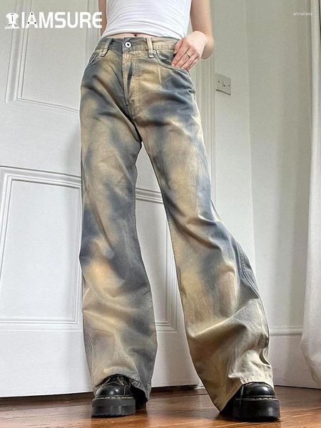 Damen Jeans IAMSURE Safari Style Tie Dye Gedruckt Breites Bein Lässig Lose Mitteltaille Gerade Hosen Frauen 2024 Herbst Winter Streetwear