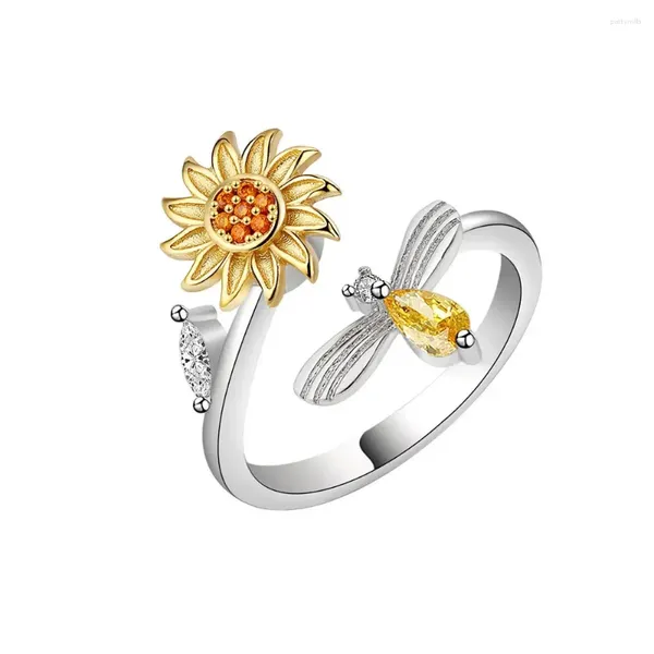 Clusterringe 925 Sterling Silber Damen Sonnenblume rotierend mit Diamanten Biene Mode Anti-Druck Angst lindern