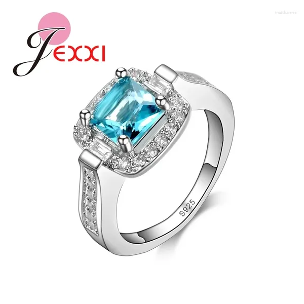 Anéis de cluster atacado tendência coreana 925 prata esterlina para mulheres brilhantes cubiz zircon femme azul cristal noivado anel de dedo