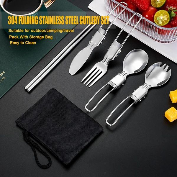 Geschirrsets 6PC/Set tragbares Klappstahl -Stahl -Besteckset mit Aufbewahrungsbeutel -Löffel -Gabel -Messer -Chopstäbchen -Tischgeschirr für Outdoor