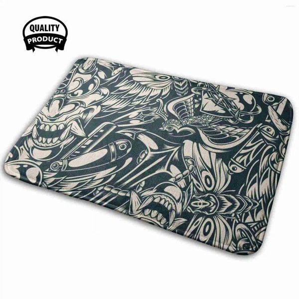 Tapetes Incrível Tatuagem Monocromática Padrão Casa Macia Família Anti-Slip Mat Tapete Tapete Fiery Coração Rosa Rosas Amor Romântico Romance