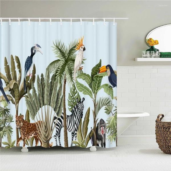 Tende da doccia Pianta tropicale Palma Tenda da bagno Blu Impermeabile Elefante Uccello Animale Schermo per vasca da bagno per l'arredamento del bagno